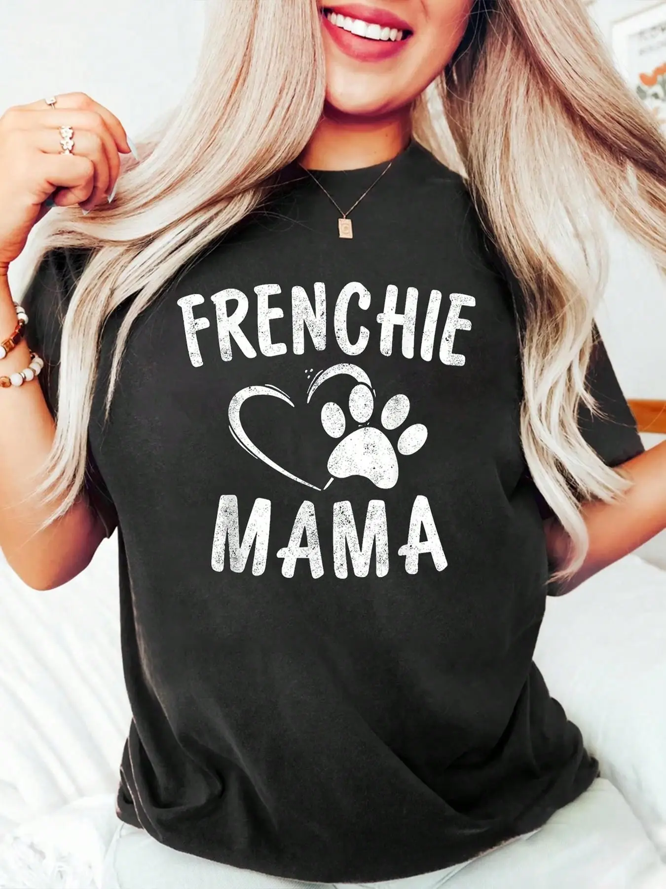 Women's Frenchie Mama Graphic T-Shirt, Casual Dog Lover Top in 100% Cotton, Stylish Short Sleeve Round Neck for All-Season Wear, Shortsleeve, Loose, Style, Tshirt, Jackets