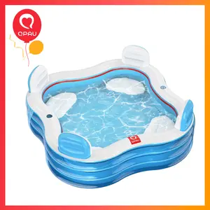 QPAU Inflatable Swimming Pool, Full-Sized Blow Up Pools with Seats and Backrests, Kiddie Pool for Outdoor & Backyard, for Family Summer Time Fun & Children's Day Gifts, Jelly Blue outdoorfun
