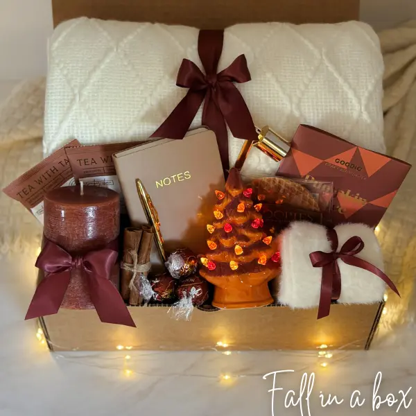 Fall in a Box Gift Set – Blanket, Mug, Candle, Notebook, Socks, Chocolate & Autumn Decor | Cozy Fall Gift Basket, Thanksgiving Care Package, Birthday Present, Corporate Employee or Teacher Appreciation, Seasonal Gift for Women, Men, Friends, Staff