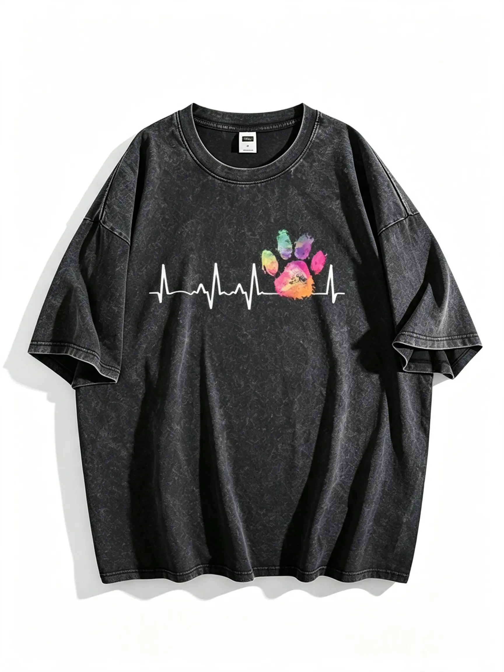Men's Unisex Basics Round Crew Neck Short-Sleeve Pure Cotton Vet Tee - Unique Print Design of Cute Rainbow Paw Print Heartbeat, Perfect for Animal Lovers, Casual Tops