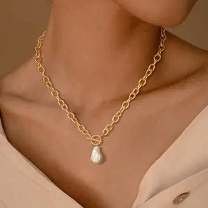 Tewiky Chunky Gold Pearl Necklace for Women Statement Large Pearl Pendant Necklace Gold Chunky Thick Chain Link Vintage Toggle Clasp Jewelry Gifts