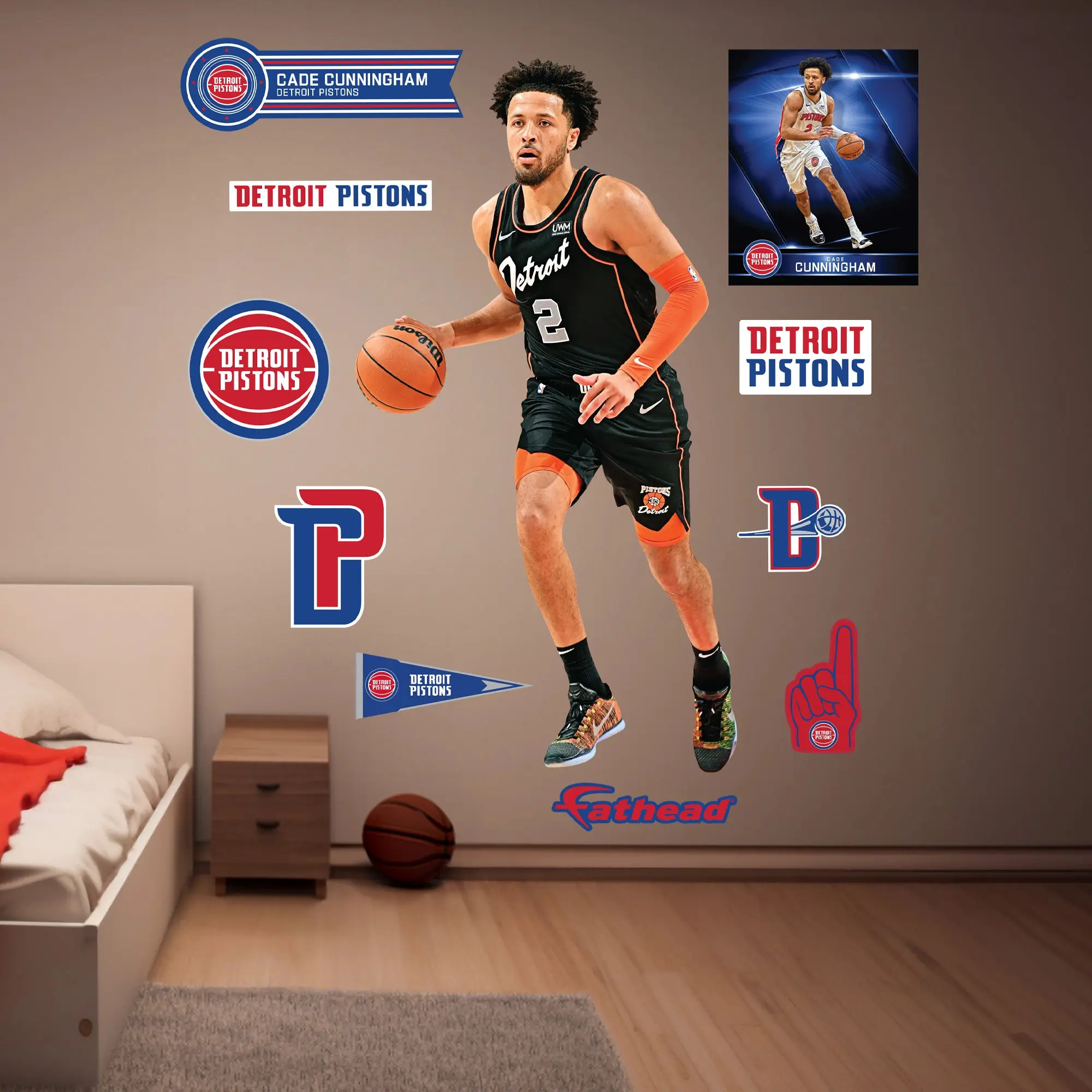 Cade Cunningham #2 Detroit Pistons Official NBA RealBig Collection City Jersey Decorative Premium Vinyl Wall Stickers - Die-Cut Edges, Removable Peel-and-Stick for Room Decor, Living Room Decorations
