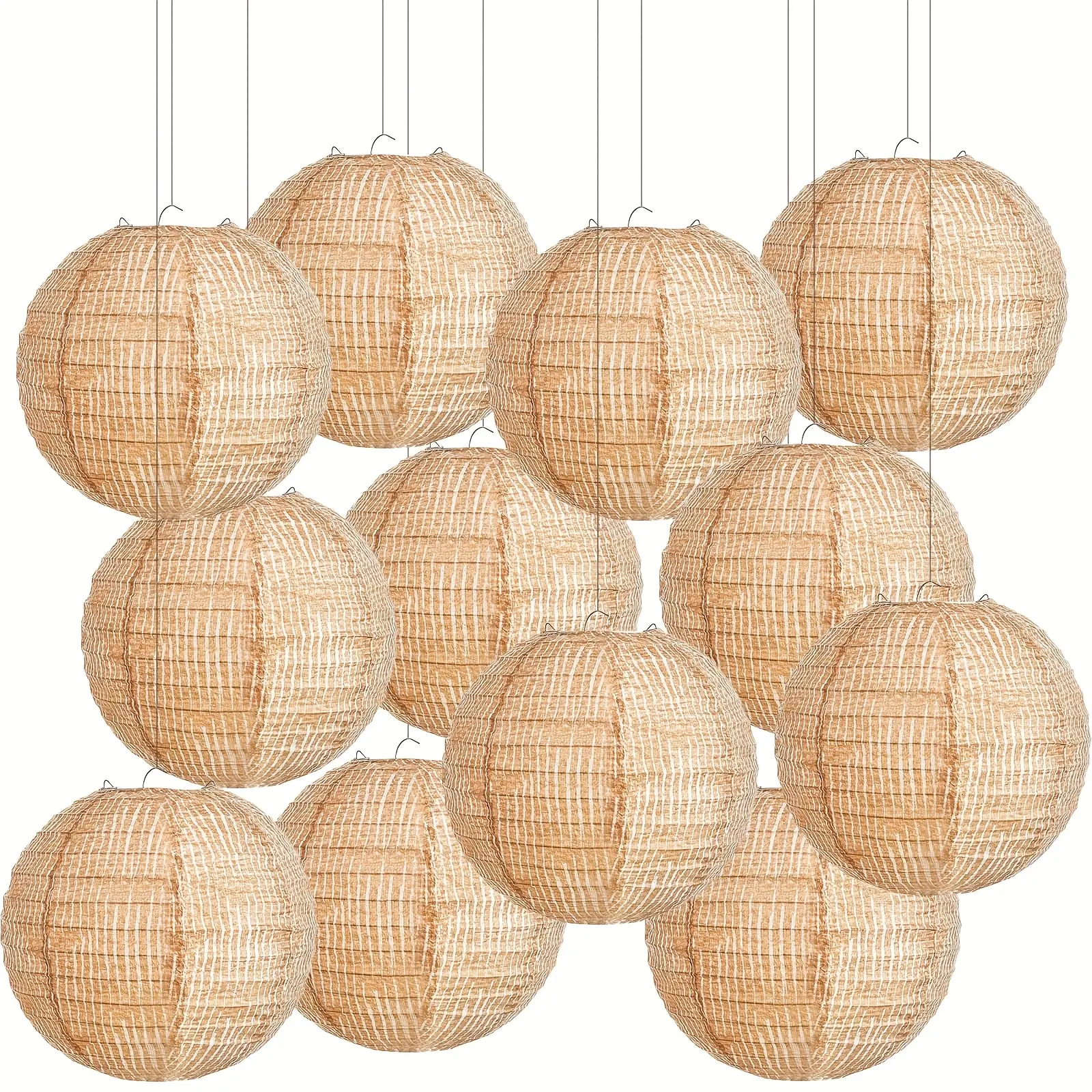 12pcs Burlap Fabric Paper Lanterns 8-Inch - Bohemian Farmhouse Chinese Hanging Suitable for Wedding, Birthday, Shower, Indoor/Outdoor Rustic Vintage Ceiling Decorations - to Hang, No Needed