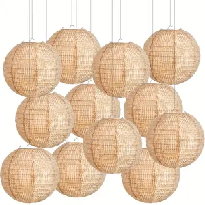 12pcs Burlap Fabric Paper Lanterns 8-Inch - Bohemian Farmhouse Chinese Hanging Suitable for Wedding, Birthday, Shower, Indoor/Outdoor Rustic Vintage Ceiling Decorations - to Hang, No Needed