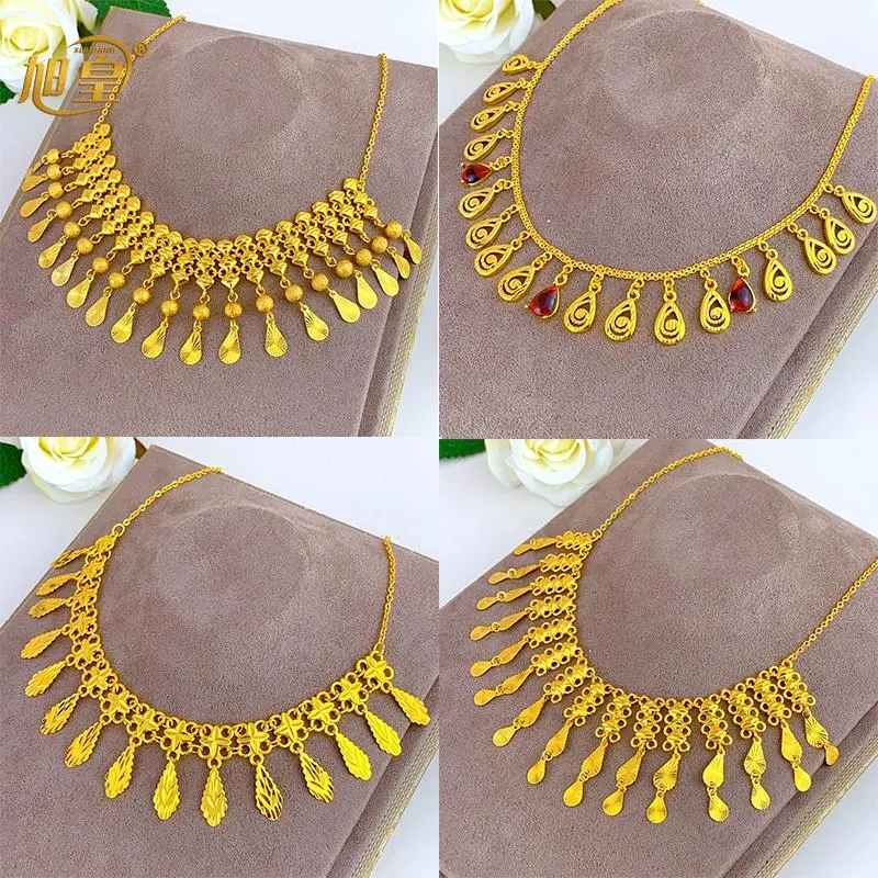 XuHuang African Crystal Pendant Tassel Necklace For Woman Ethiopian Bride Wedding Gold Color Jewelry Party Dubai Gifts 24K