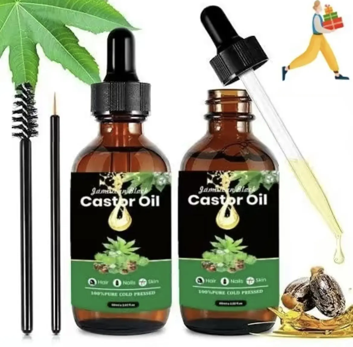 Jamaican Black Castor Oil (1 Bottle/2 Bottles),Jamaican Thick Castor Oil Cold Pressed, Glass Bottle with Dropper, Castor0il 2.02/ 4.02 fl.oz
