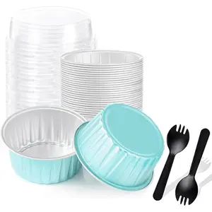 25PCS 5oz Blue Round Mini Loaf Pans with Lids Disposable Mini Cake Pans Ramekins Baking Cups Muffin Tins for Wedding Birthday Party