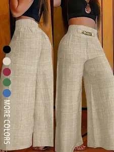 Women's solid color zipper accent high-waisted elastic wide-leg trousers, casual fashionable and versatile, suitable for summer and daily casual wear