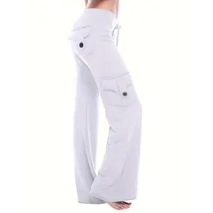 Women's high waisted wide leg yoga pants - light gray work pants design with artificial pockets, breathable elastic polyester blend, comfortable, casual, and roll resistant