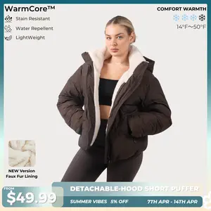 【Last Sale】PUFFIT WarmCore Premium Short Puffer Jackets with Removable Hood & Optional Faux Fur Linging, Lady Casual Outerwear Longsleeves Zip Pockets Warm Quilted Coat