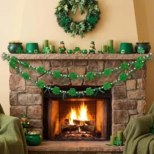 St. Patrick's Day Shamrock Garland Decorations 4.92 ft Velvet Shamrock Hanging Banners with Wood Bead & Bow, Luck Of The Irish Clover Garland Green Decor St.Paddys Party Holiday Fireplace Mantel Indoor Wall Home Decor