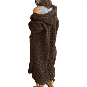 Saodimallsu Womens Casual Long Sleeve Open Cardigan Warm Hooded Outwear Coat Cable Knit Long Cardigan Sweaters with Pockets