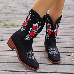 Women’s rose western cowboy boots, retro V-cut chunky low-heeled mid-calf boots, square toe pull-on boots for girls, black footwear walking shoes, cowboy boots