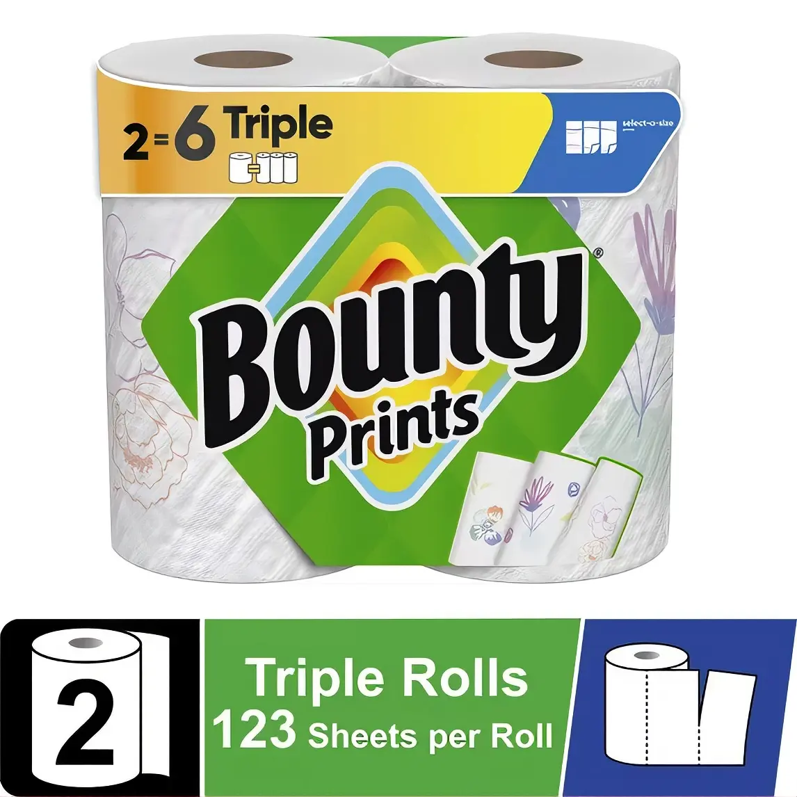 Bounty Select-A-Size Print Paper Towels, 2 Triple Rolls, 123 Sheets per Roll, 2-Ply Kitchen Towels Household