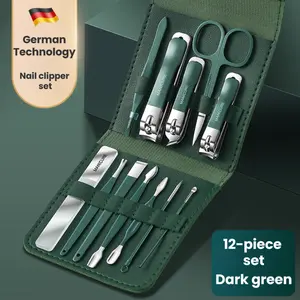Cutics German Technology Nail Clipper Set - 12-Piece Manicure & Pedicure Kit in Dark Green Leather Case for Home & Travel, Stainless Steel Tools for Salon-Quality Nail Care