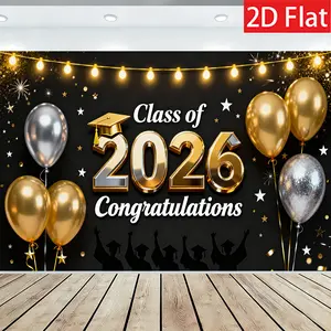Graduation & Congrats Grad Backdrop – Black Gold Theme Tapestry, Wall Hanging, Photography Background, Polyester HD Print, Party, Celebration, Event Decor