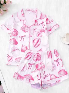 2pcs/Set Women's Cute Ocean Shell Print Pyjamas Set Loungewear, Short Sleeve Shirt With Collar & Button, And Elastic Waist Shorts, Suitable For Holiday Party, Casual Everyday Indoor & Outdoor Wear