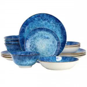 Elama Oceanus Aesthetic Porcelain Double Bowl Tableware Set, Blue - 16-Piece (ELM-OCEANUS-16)