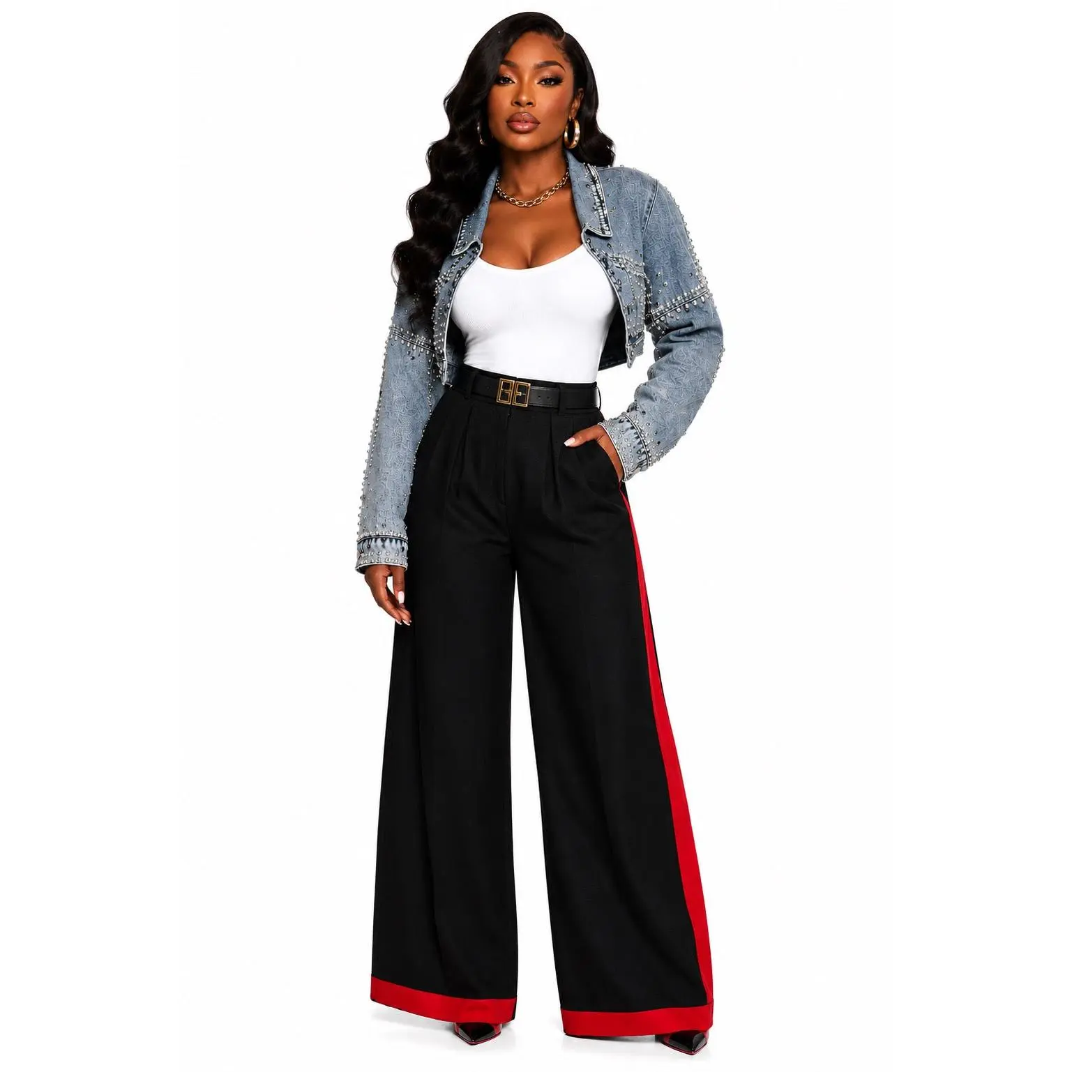 Women's Cropped Bolero Jacket | Studded Statement Style Top in Cotton Denim Fabric for Jumpsuits and Wide Leg Pants, Tops, Coats, Bodysuit, Dress, Fitted, Casual, Everyday, Trouser
