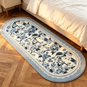 1pc Blue Rose Floral Runner Rug, Lace Trim Oval Carpet, Luxury Living Room Bedroom Decor Pad, Non-Slip Washable, Sofa Coffee Table Area