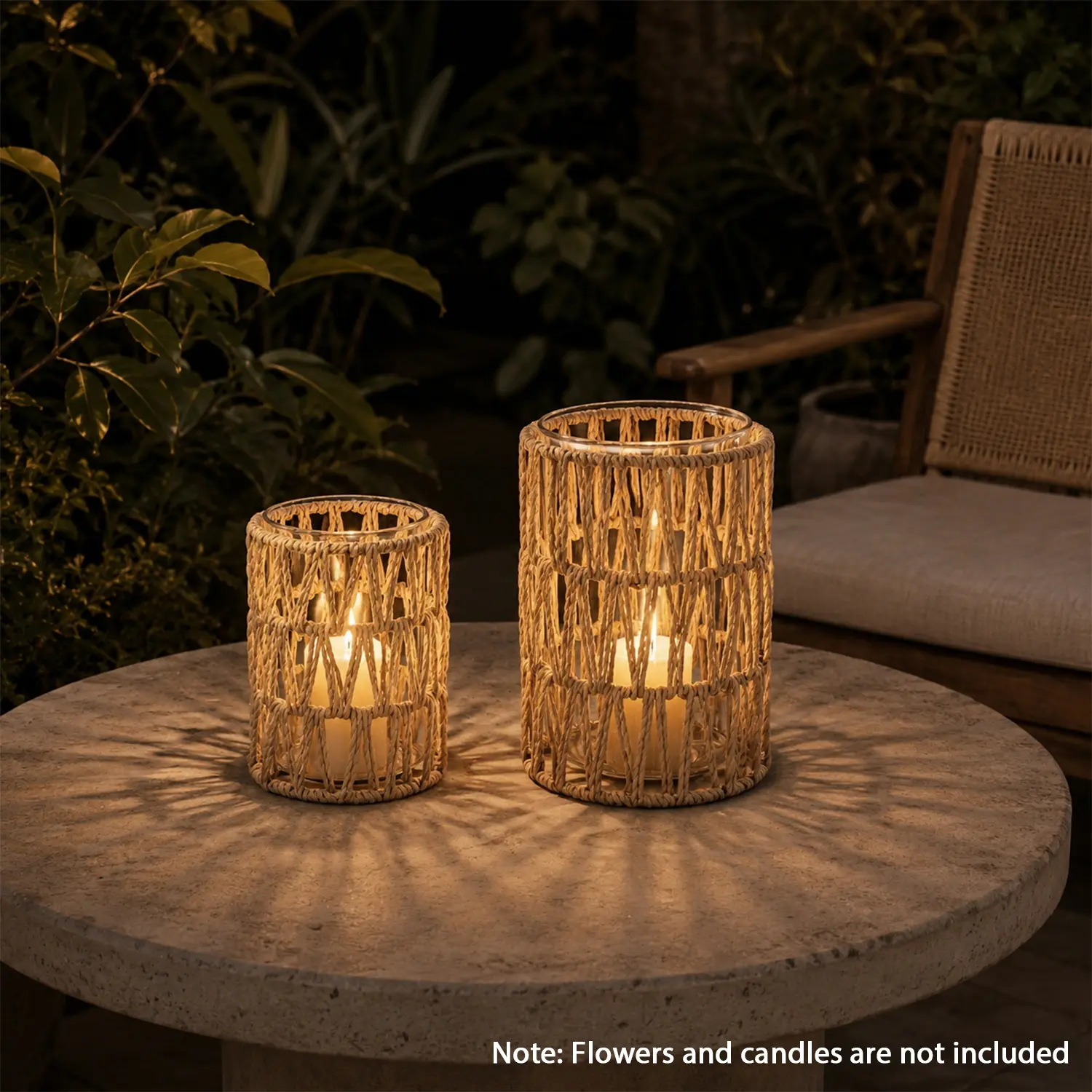 Rattan Boho Hurricane Lanterns Set of 2 - Versatile Pillar Candle Holders with Glass Cylinders, Natural Farmhouse Home Decor for Coffee Table Centerpieces, Nightstand, Cozy Nights, Thoughtful Gift for Birthdays, Home Decor Items