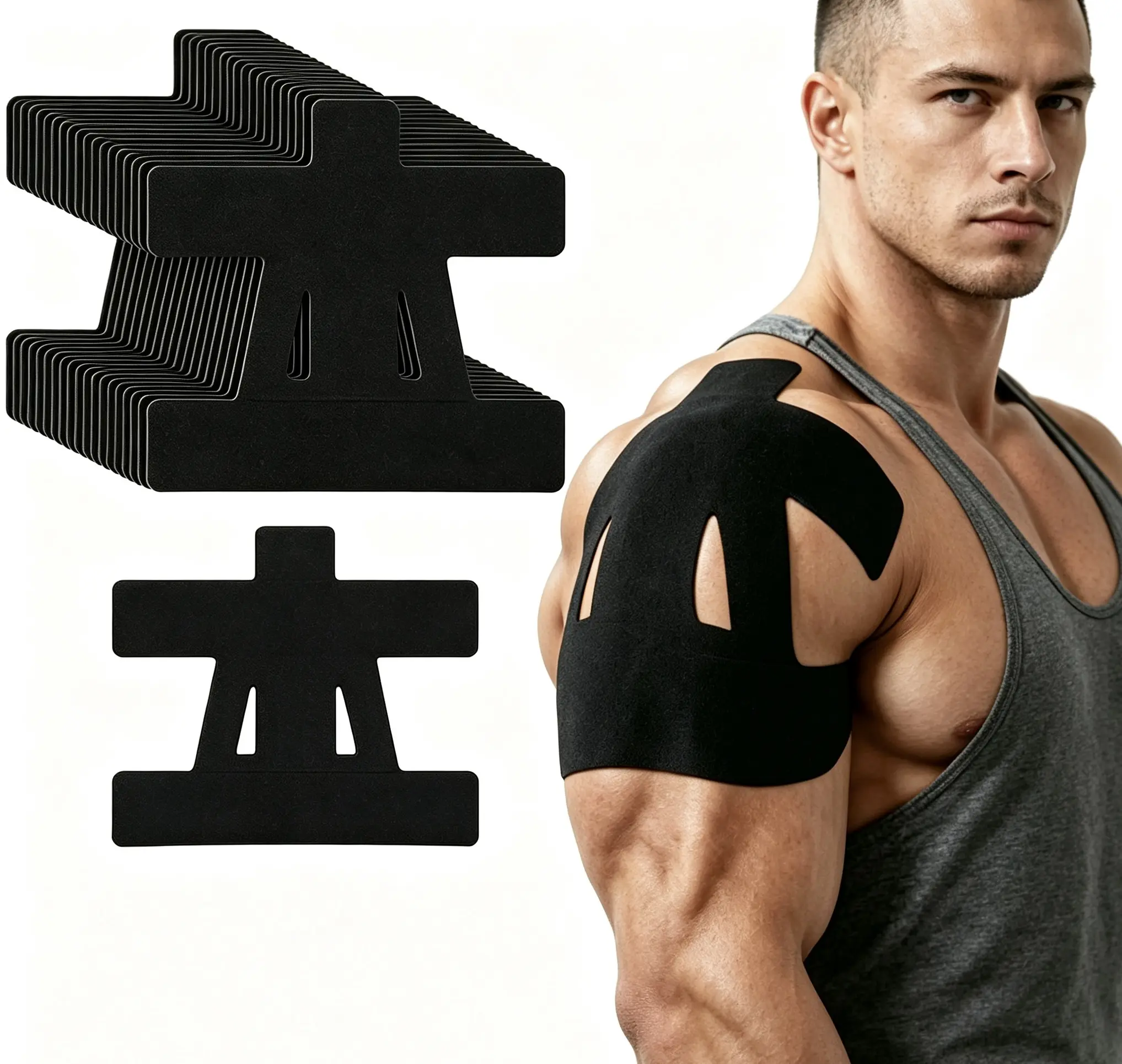 10-Count Pre-Cut Kinesiology Tape, Waterproof Breathable Secure Fit Elastic Tape for Shoulder Pain Relief, Shoulder Support, Muscle Care (Black, Sports & Outdoor Essentials)