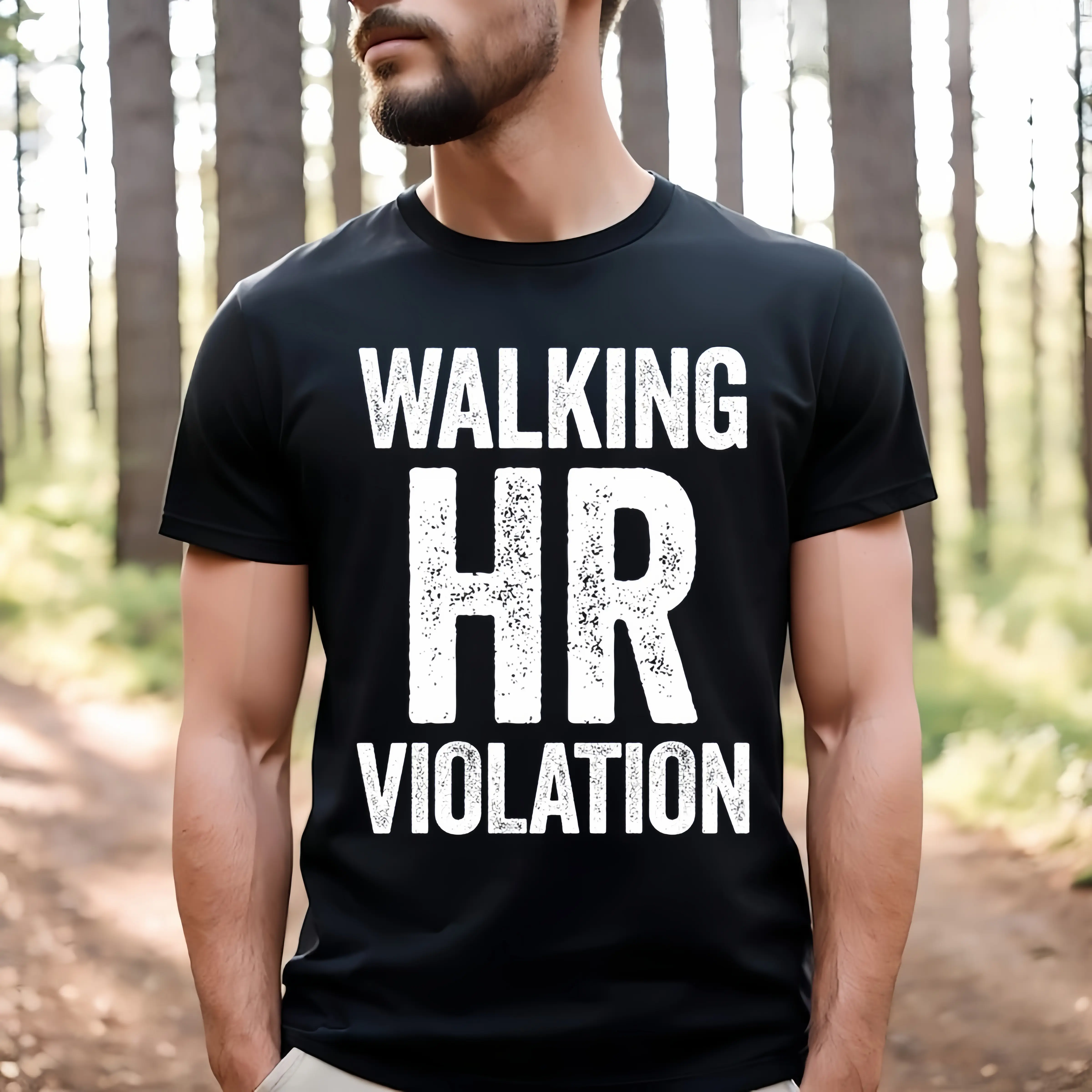 Menswear 'Walking HR Violation' Sarcastic Tops, Classic Letter Print Garment with a Premium Drape and Unisex Cut, Shortsleeve, Casual, Unisex Fit