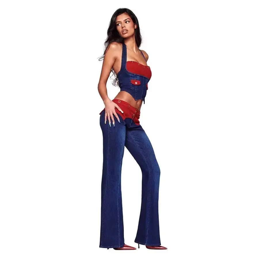 Vintage Western Contrast Red Inner Denim Halter Bustier And Low Waist Flared Jeans Set Slim Fit Bootcut Denim Pants Retro Cowgirl Y2K Sexy Women Daily Club Two Piece Outfit