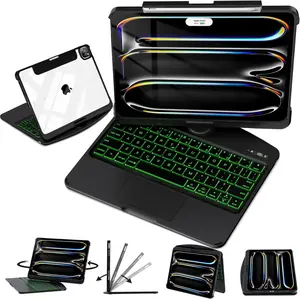 Timeless Black Keyboard Case for iPad Pro 11/13-inch , Transparent Cyberpunk Shell, 360° Rotating Multi-Touch Trackpad, 7-Color Backlit Keyboard, Pencil Holder, Type-C Charging, Magnetic
