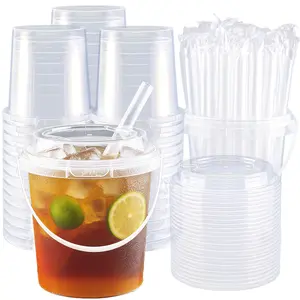 20/60 Set 25 oz Drink Buckets, clear plastic cups with lids and straws, disposable drinking cups for cold drinks—iced coffee, milkshakes, smoothies—sturdy and food safe Drinkware Beverage Reuse repurpose compostable cups Drinkware Sturdy Lids Handles