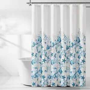 Lush Decor Oceana Watercolor Sea Life Linen Textured Shower Curtain Coastal Beach Theme Machine Washable with 12 Button Holes
