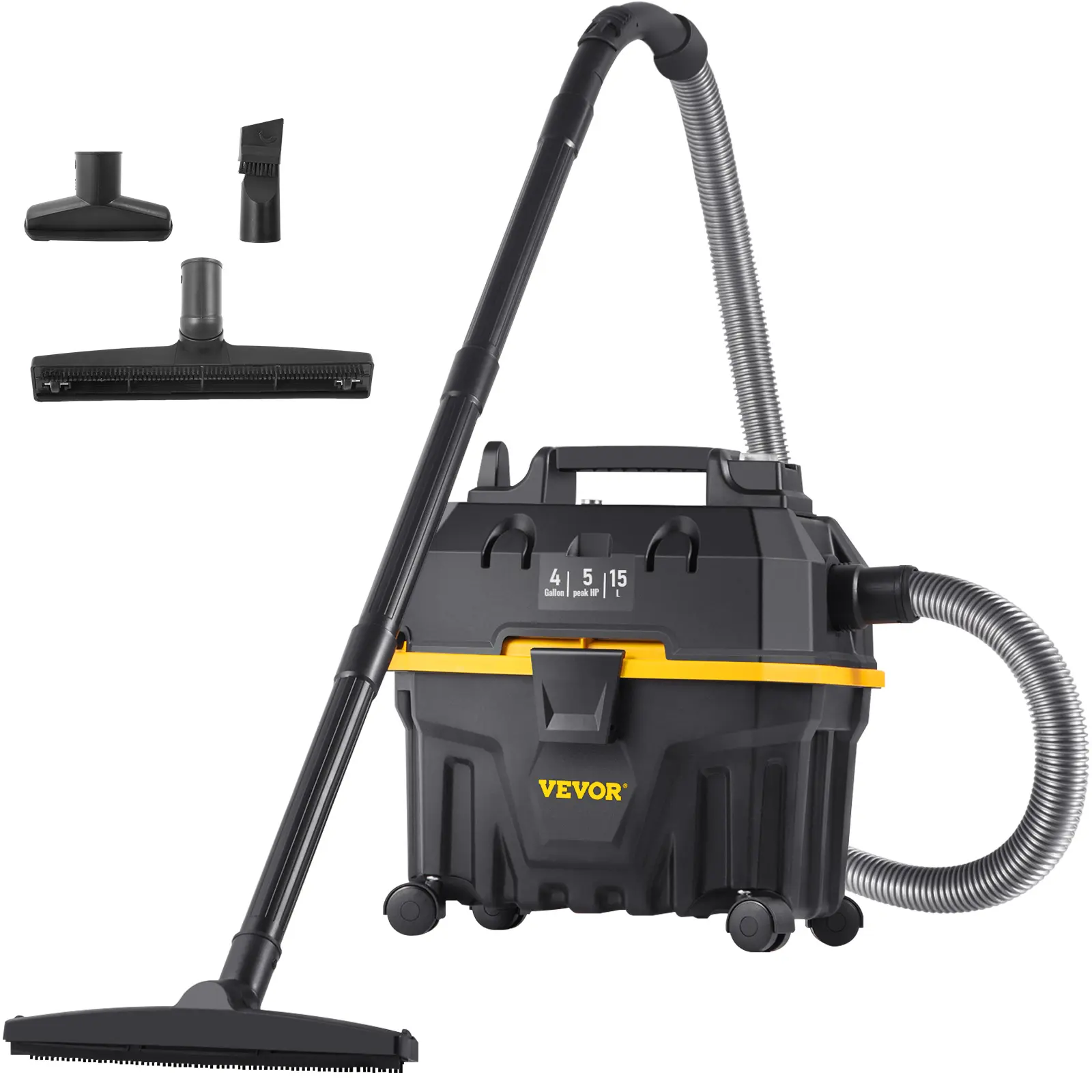 【summerfinds】VEVOR Wet Dry Vac, 4 Gallon, 5 Peak HP, 3 in 1 Shop Vacuum with Blowing Function Portable Attachments to Clean Floor, Upholstery, Gap, Car, ETL Listed, Black/Yellow