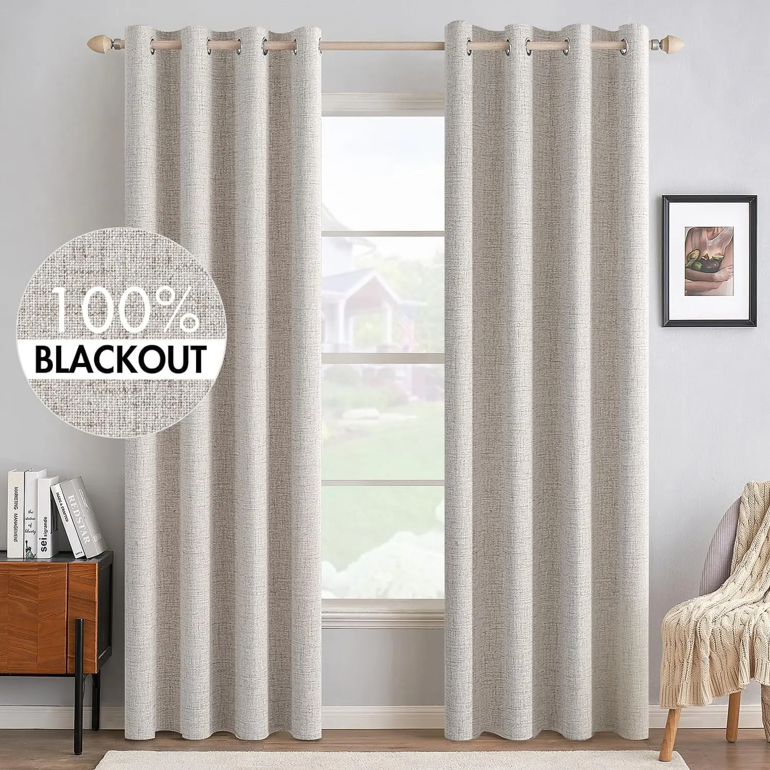 100% Blackout Linen-Style Window Drapes, 2-Piece Set, Hole Punch Design, Full Light Block, Insulated, Noise Reduction, Living Room Bedroom Decor