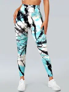 Women's High-Waisted Tie-Dye Yoga Pants, Blue- Colorblock Design, Stretchy & Comfortable Workout Bottoms for All Seasons, High Waisted Leggings