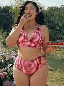 Summer Outfit Plus Size Women 2pcs Bikini Swimwear Set With Cute Cherry Decor Adjustable Drawstring Waist and Bowknot Design Sexy Vacation Outfit Beach Wear