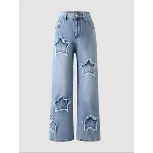 Y2K-inspired fashionable kids’ denim jeans, five-star decorative wide-leg casual jeans, fashionable clothing