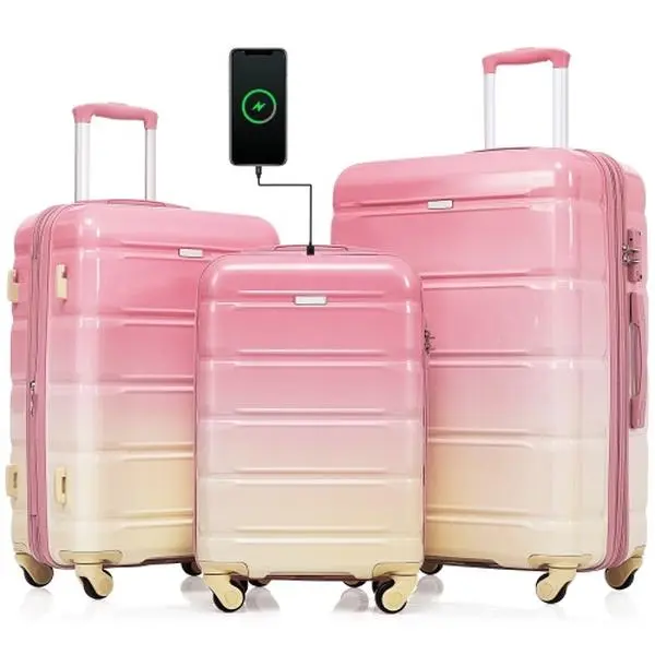 3-Piece Hardside Luggage Sets, Textured Lightweight ABS+PC Suitcases with Spinner Wheels & TSA Lock, 20" Carry On with USB Port, 24" & 28"