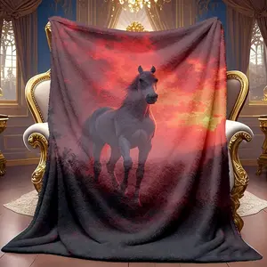 1pc Sunset Mountain Galloping Pattern Theme Pattern Flannel Blanket Soft High-definition Digital Printing Cooling Blanket Suitable For All Year Round! 100% Polyester Fiber, Suitable For Family And Friends All Year Round
