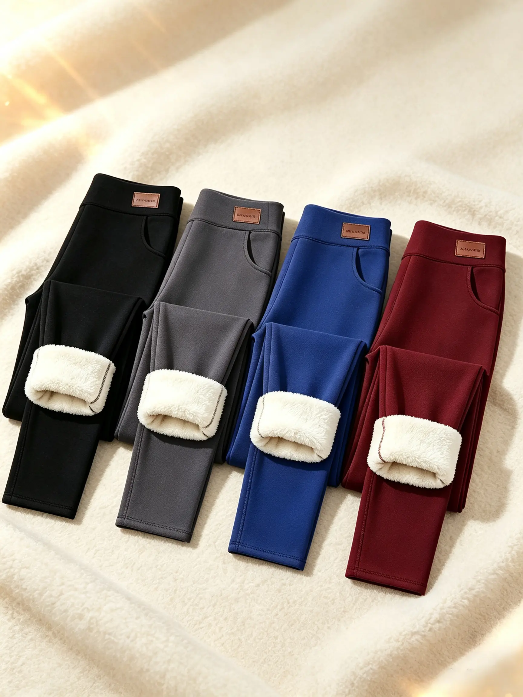 High Waist Fleece Lined Leggings, Stretch Thermal Skinny Pants, Non-Sheer Pocket Winter Leggings With Leather Tag for Women