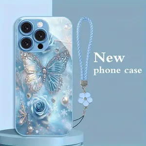 Butterfly Rose Synthetic Gemstone TPU Smartphone Casing - Metal-Painted Design, Blue Metallic Lacquered Glass, Waterproof Cover, Handheld Compatible Tech Accessory for 41 Models (iPhone 17 Pro Max, 11, 11 Pro) - Ideal Holiday Gift for Family
