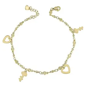 Stately Steel Crystal Heart and Key Dangle Anklet