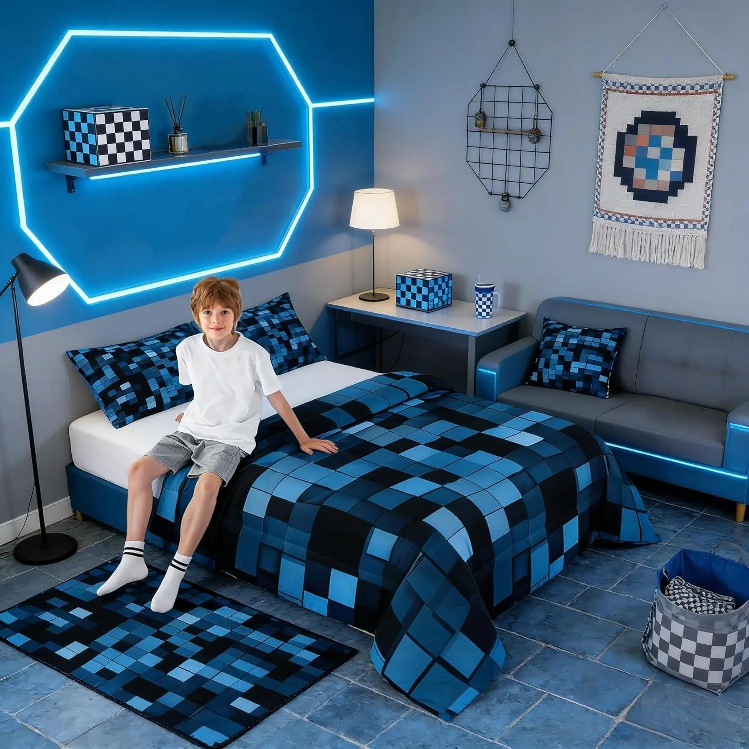 Pixelated Blocks Kids Comforter Set,Patchwork Square Video Games Bedding Set,Boys Girls Room Decor,Geometric Patchwork Grid Quilt Comforter,Blue Duvet Set,Bedroom Quilt Set