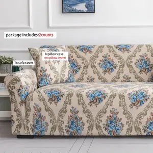 Vintage Floral Sofa Cover Set, Elastic Sofa Slipcover, Stretchable Sofa Cover, Includes 1 Sofa Cover and 1 Pillowcase, Pet Friendly, All Season Use, Reusable