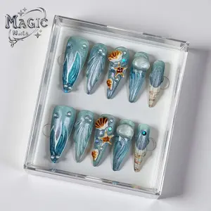 Magic Nails 2026 New Years Gift Ocean Theme Mermaid Design Acrylic Press Ons 10-Piece Set Handmade Blue Easy Apply Salon Quality for Holiday Everyday Use