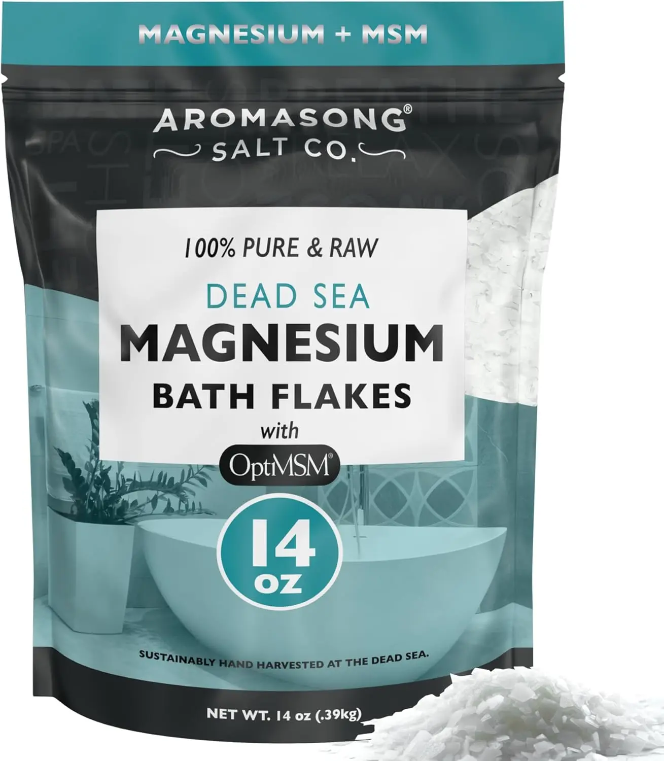 AROMASONG Raw Dead Sea Magnesium Bath Flakes with OptiMSM, Soothing Body Care Soak for Muscle Relief & Skin Health, 14 oz, Base Ingredient Minerals & Salts, Single Item, Bath Shower, Soaking Bath