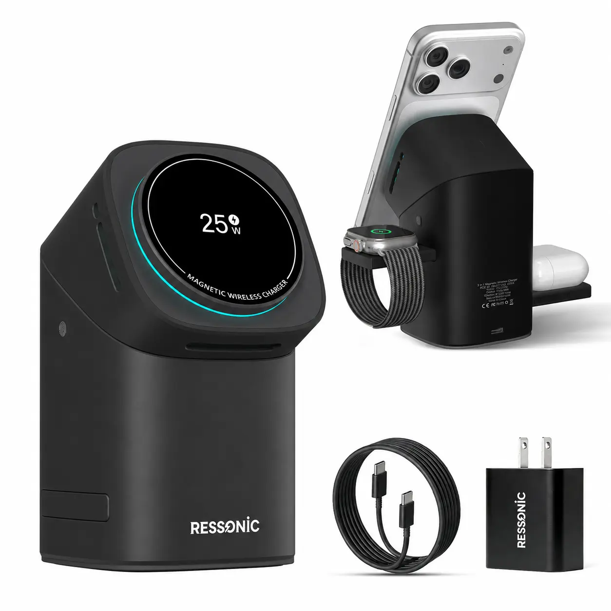 3 in 1 for Apple & Samsung Wireless Charger - Charging Station, Qi 2 Certified 25W Fast Magnetic Charger Stand with 45W Adapter for Magsafe iPhone 17/16/15/14/13/12 Pro Max, AirPods, Apple & Galaxy Watch