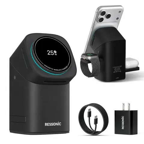 RESSONIC 3-in-1 Qi 2 Certified Wireless Phone Charger - 25W Fast Magnetic Charger Base with 45W Adapter, Automatic Night Light, Strong Mag Hold for Magsafe iPhones 17/16/15/14/13/12 Pro Max, AirPods, Galaxy Watches