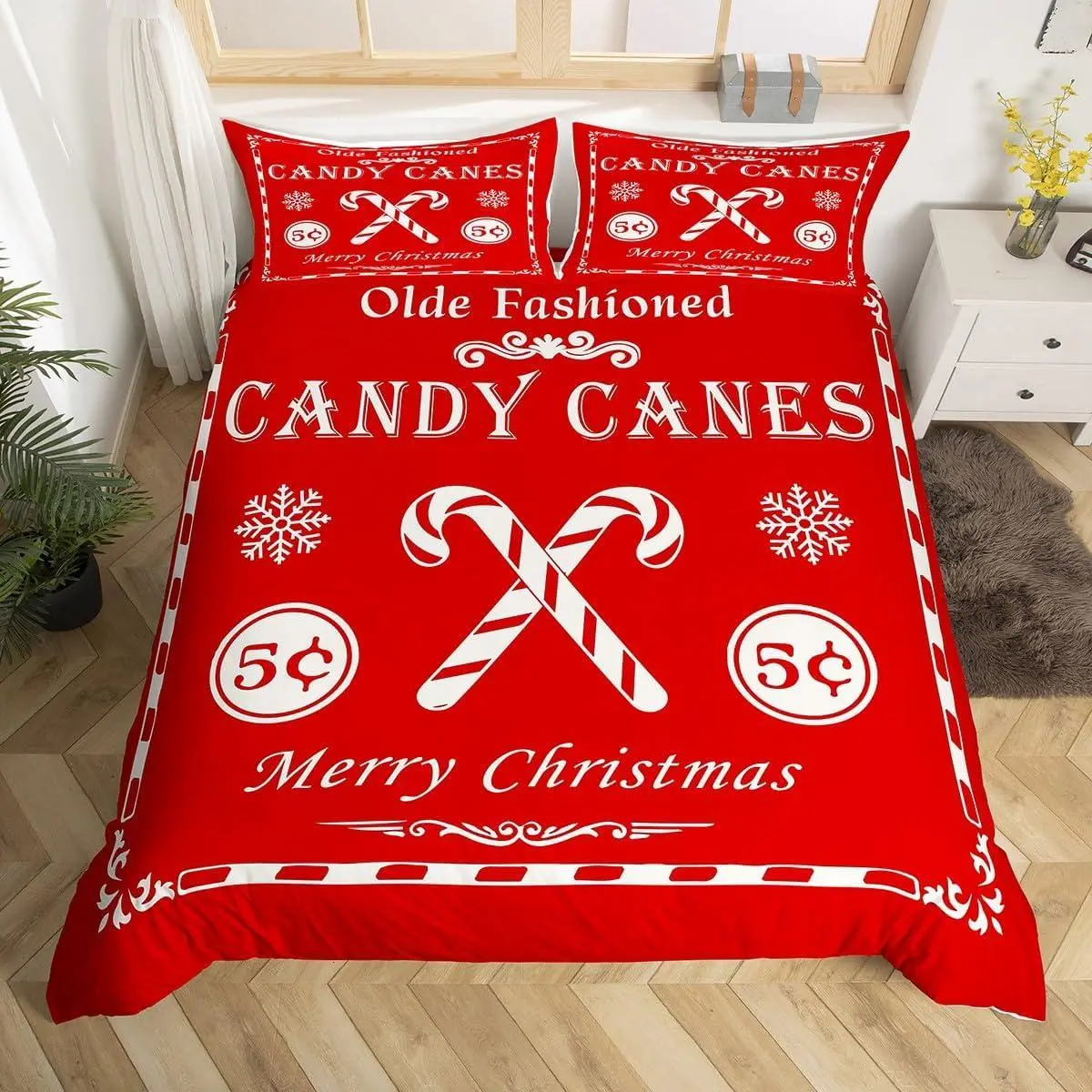 Christmas Bedding Set for Kids Boys Girls Christmas Quote Comforter Cover Set Candy Canes Print Duvet Cover Bedroom Decor Xmas Red Bedspread Cover Bedding Collection