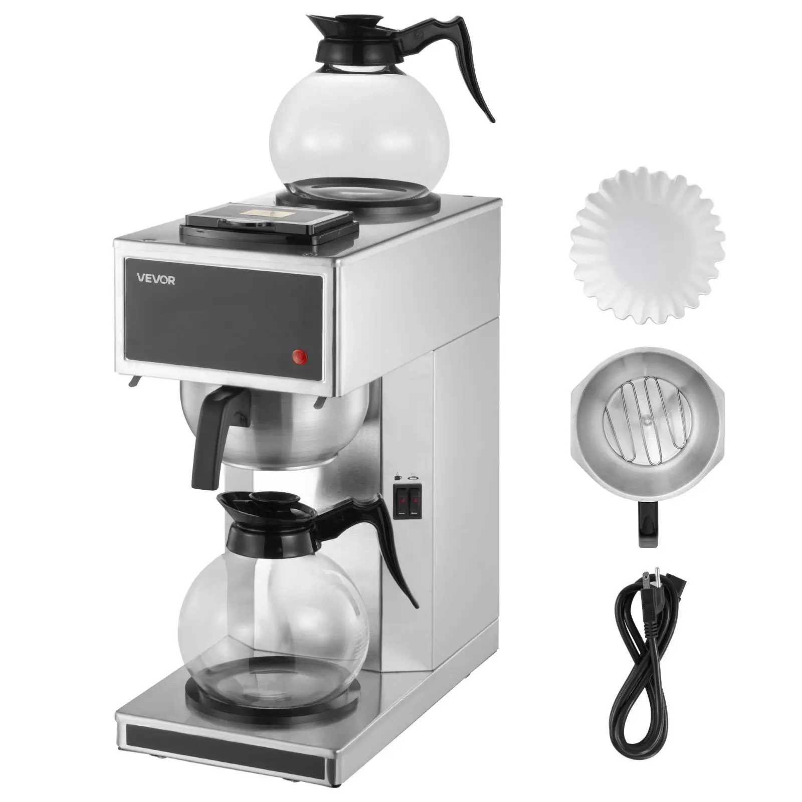 【Summerfinds】VEVOR Commercial Drip Coffee Maker, 12 Cups Coffee-Maker Machine with 2 Glass Carafes and 2 Decanter Warmer Plates, Stainless Steel Drip Style Coffee Brewer, for Restaurant, Office, Coffee Shop & Home