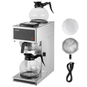 【Father's Day】VEVOR Commercial Drip Coffee Maker, 12 Cups Coffee-Maker Machine with 2 Glass Carafes and 2 Decanter Warmer Plates, Stainless Steel Drip Style Coffee Brewer, for Restaurant, Office, Coffee Shop & Home
